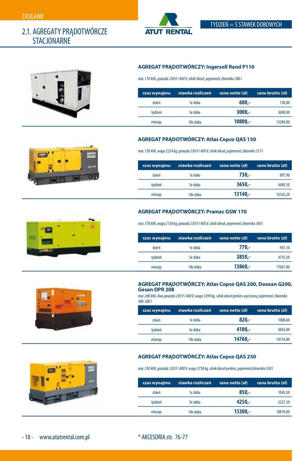 600,- 738,00 tydzień 5x doba 3000,- 3690,00 miesiąc 18x doba 10800,- 13284,00 AGREGAT PRĄDOTWÓRCZY: Atlas Copco QAS 150 moc 150 kva, waga 2224 kg, gniazda 230 V i 400 V, silnik diesel, pojemność