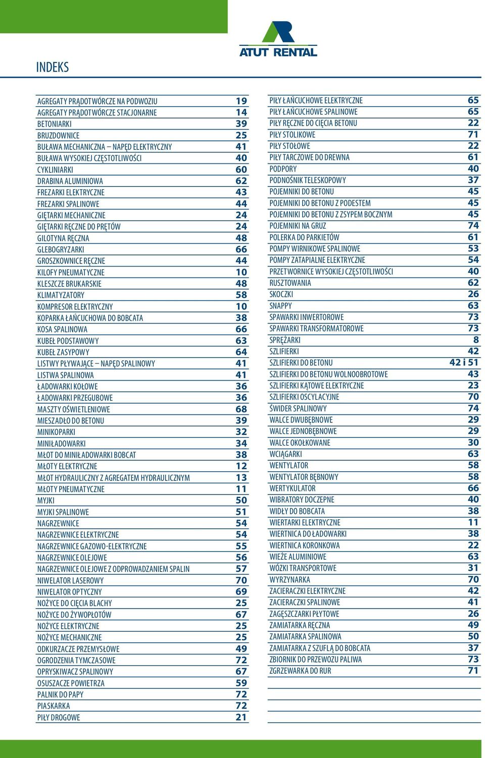 10 KLESZCZE BRUKARSKIE 48 KLIMATYZATORY 58 KOMPRESOR ELEKTRYCZNY 10 KOPARKA ŁAŃCUCHOWA DO BOBCATA 38 KOSA SPALINOWA 66 KUBEŁ PODSTAWOWY 63 KUBEŁ ZASYPOWY 64 LISTWY PŁYWAJĄCE NAPĘD SPALINOWY 41 LISTWA