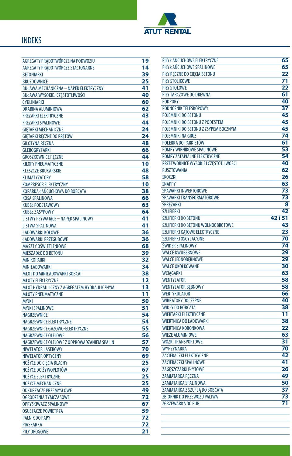 10 KLESZCZE BRUKARSKIE 48 KLIMATYZATORY 58 KOMPRESOR ELEKTRYCZNY 10 KOPARKA ŁAŃCUCHOWA DO BOBCATA 38 KOSA SPALINOWA 66 KUBEŁ PODSTAWOWY 63 KUBEŁ ZASYPOWY 64 LISTWY PŁYWAJĄCE NAPĘD SPALINOWY 41 LISTWA