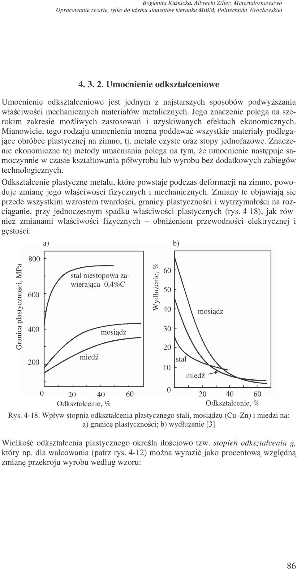Mianowicie, tego rodzaju umocnieniu mona poddawa wszystkie materiały podlegajce obróbce plastycznej na zimno, tj. metale czyste oraz stopy jednofazowe.