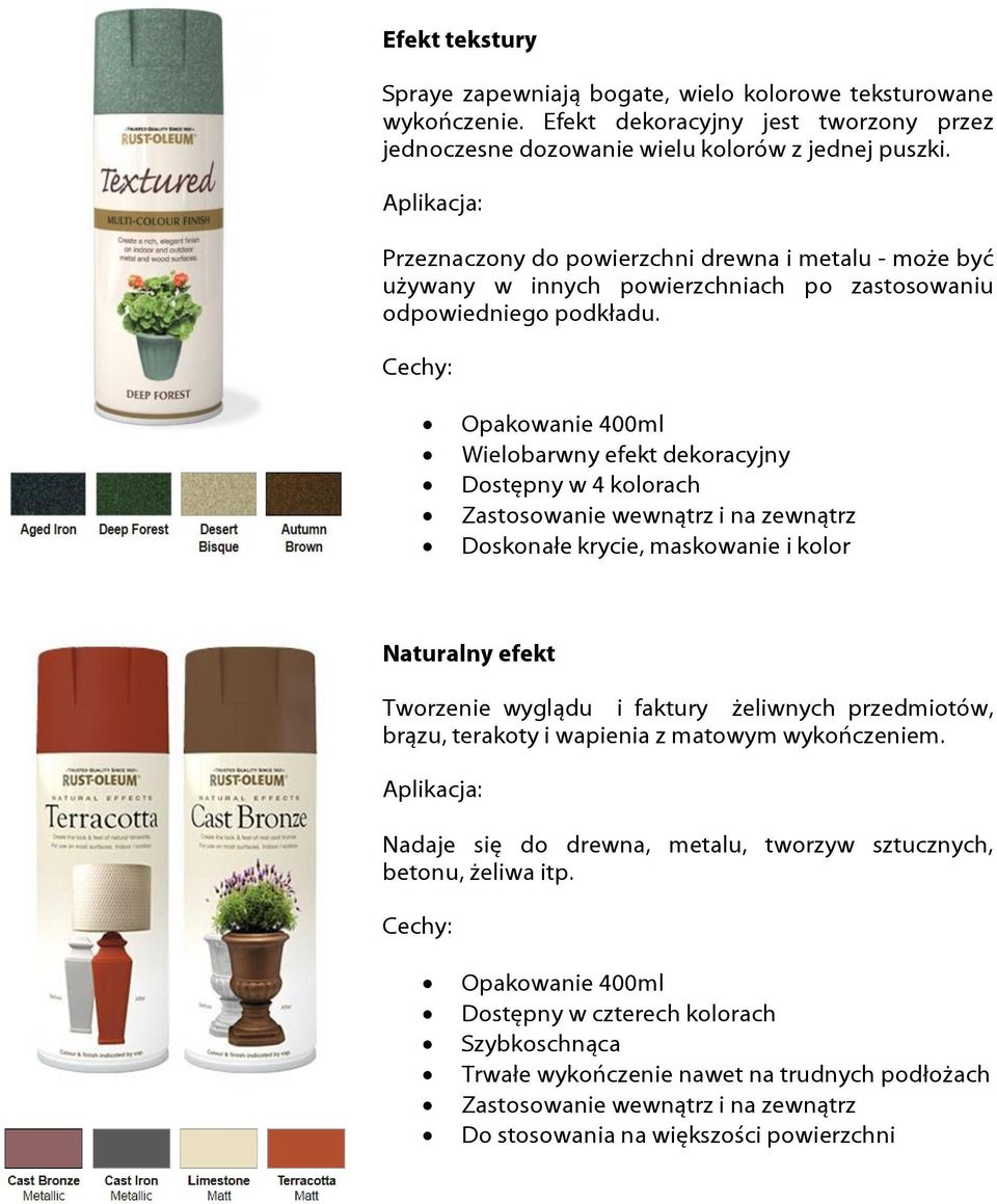 Opakowanie 400ml Wielobarwny efekt dekoracyjny Dostępny w 4 kolorach Zastosowanie wewnątrz i na zewnątrz Doskonałe krycie, maskowanie i kolor Naturalny efekt Tworzenie wyglądu i faktury żeliwnych