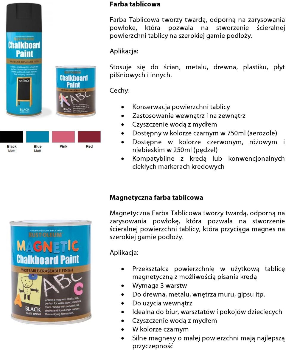 Konserwacja powierzchni tablicy Zastosowanie wewnątrz i na zewnątrz Czyszczenie wodą z mydłem Dostępny w kolorze czarnym w 750ml (aerozole) Dostępne w kolorze czerwonym, różowym i niebieskim w 250ml