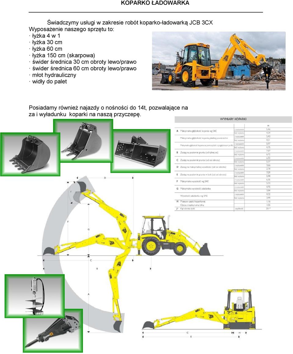 30 cm obroty lewo/prawo świder średnica 60 cm obroty lewo/prawo młot hydrauliczny widły do palet