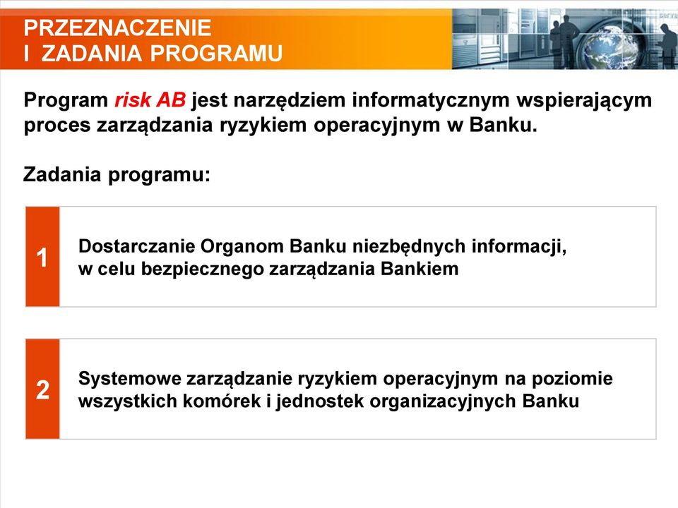 Zadania programu: 1 Dostarczanie Organom Banku niezbędnych informacji, w celu bezpiecznego