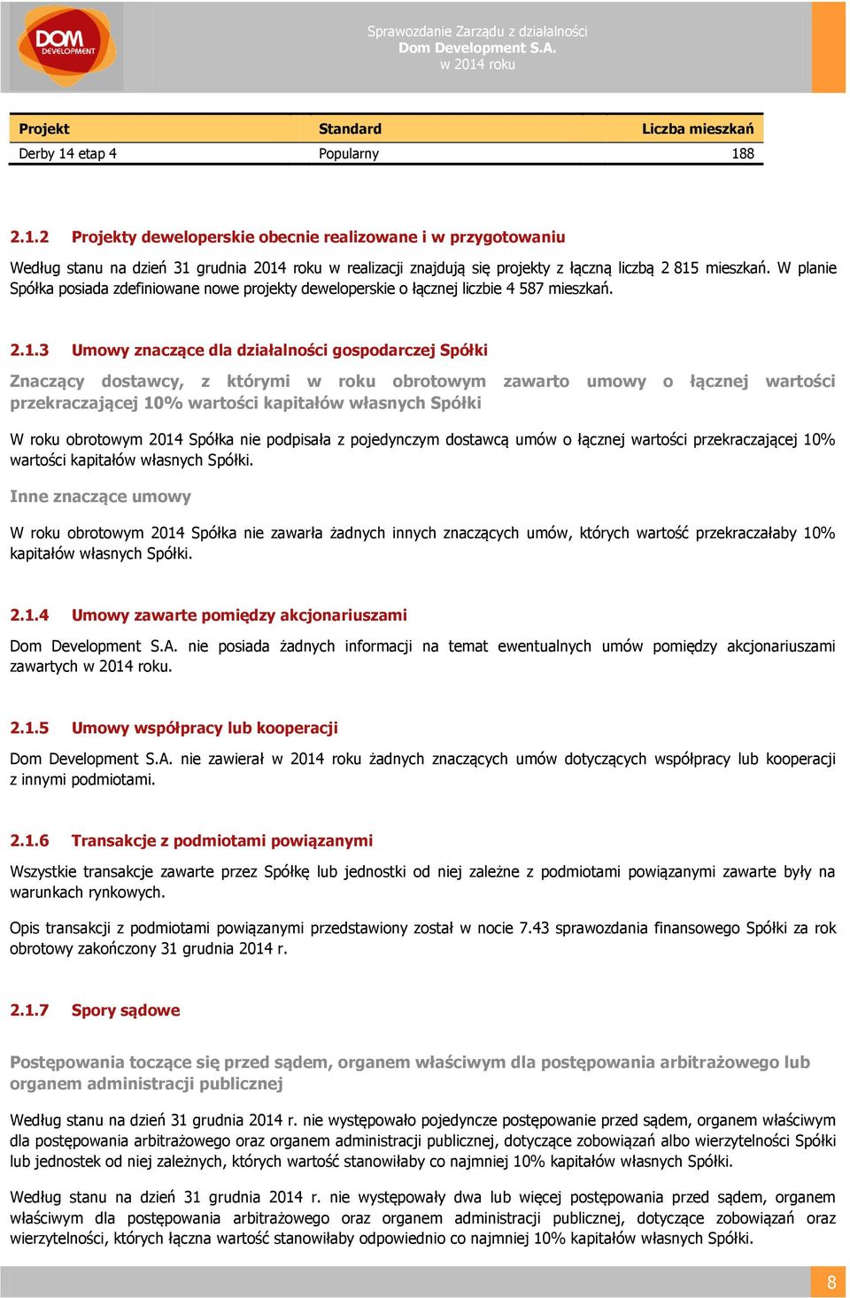 W planie Spółka posiada zdefiniowane nowe projekty deweloperskie o łącznej liczbie 4 587 mieszkań. 2.1.