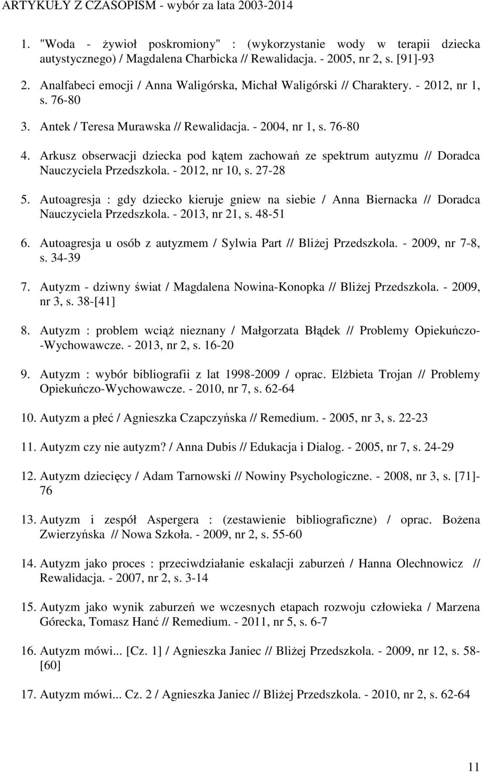 Arkusz obserwacji dziecka pod kątem zachowań ze spektrum autyzmu // Doradca Nauczyciela Przedszkola. - 2012, nr 10, s. 27-28 5.