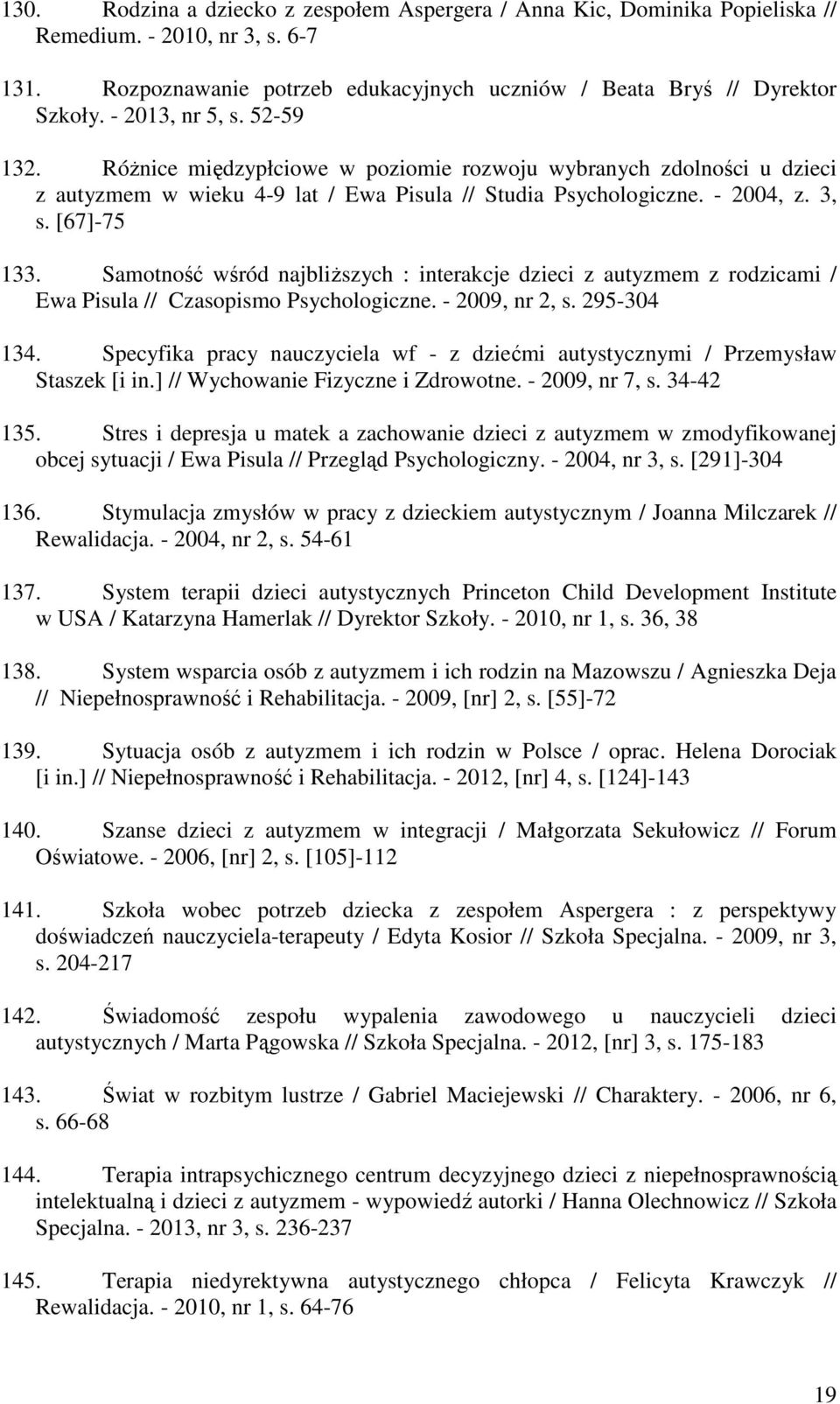 Samotność wśród najbliższych : interakcje dzieci z autyzmem z rodzicami / Ewa Pisula // Czasopismo Psychologiczne. - 2009, nr 2, s. 295-304 134.