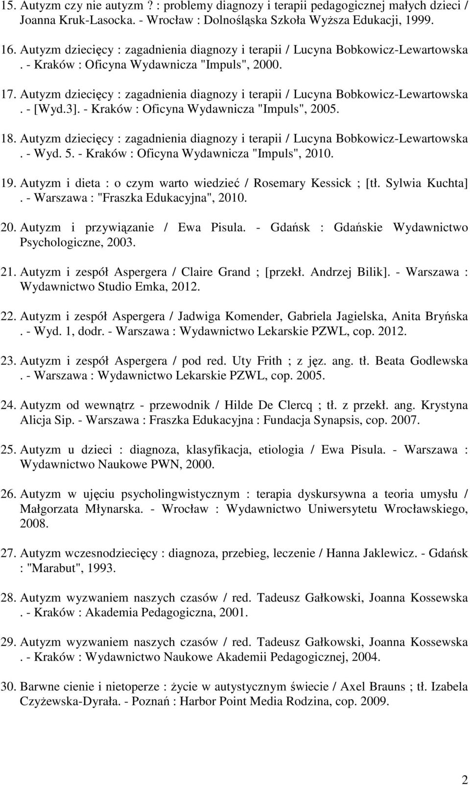 Autyzm dziecięcy : zagadnienia diagnozy i terapii / Lucyna Bobkowicz-Lewartowska. - [Wyd.3]. - Kraków : Oficyna Wydawnicza "Impuls", 2005. 18.