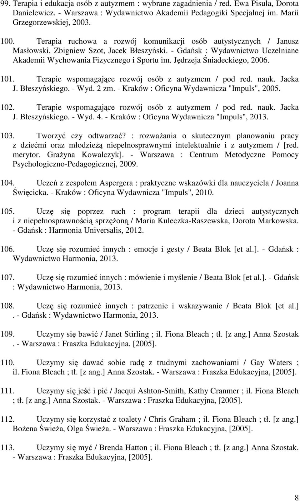 Jędrzeja Śniadeckiego, 2006. 101. Terapie wspomagające rozwój osób z autyzmem / pod red. nauk. Jacka J. Błeszyńskiego. - Wyd. 2 zm. - Kraków : Oficyna Wydawnicza "Impuls", 2005. 102.