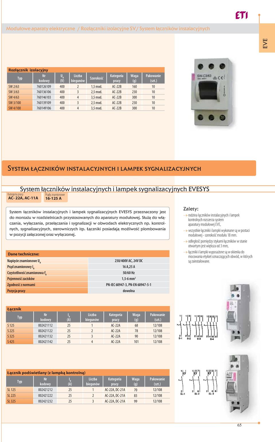 AC-22B 300 10 System łączników instalacyjnych i lampek sygnalizacyjnych System łączników instalacyjnych i lampek sygnalizacyjnych SYS Kategoria pracy AC- 22A, AC-11A Prądy znamionowe 16-125 A System