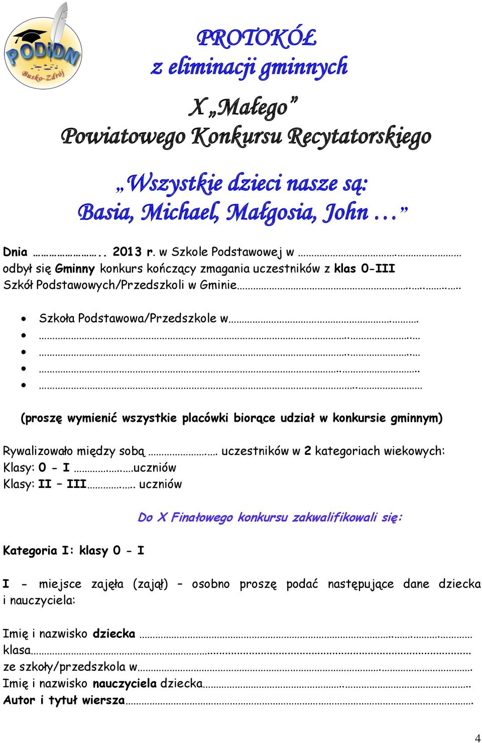 ............... (proszę wymienić wszystkie placówki biorące udział w konkursie gminnym) Rywalizowało między sobą.. uczestników w 2 kategoriach wiekowych: Klasy: 0 - I.