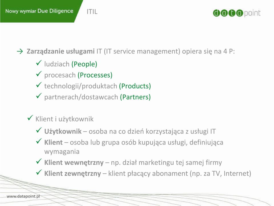 osoba na co dzieo korzystająca z usługi IT Klient osoba lub grupa osób kupująca usługi, definiująca wymagania