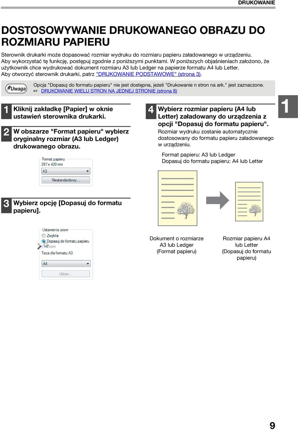 W poniższych objaśnieniach założono, że użytkownik chce wydrukować dokument rozmiaru A3 lub Ledger na papierze formatu A4 lub Letter.
