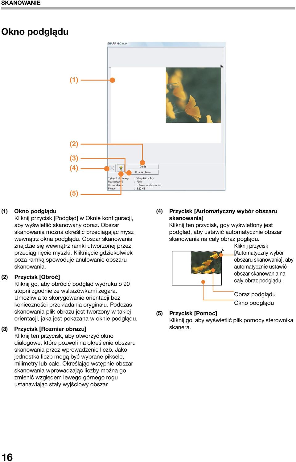 Kliknięcie gdziekolwiek poza ramką spowoduje anulowanie obszaru skanowania. (2) Przycisk [Obróć] Kliknij go, aby obrócić podgląd wydruku o 90 stopni zgodnie ze wskazówkami zegara.