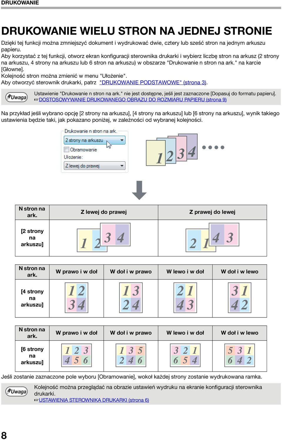 stron na ark." na karcie [Głowne]. Kolejność stron można zmienić w menu "Ułożenie". Aby otworzyć sterownik drukarki, patrz "DRUKOWANIE PODSTAWOWE" (strona 3). Ustawienie "Drukowanie n stron na ark.