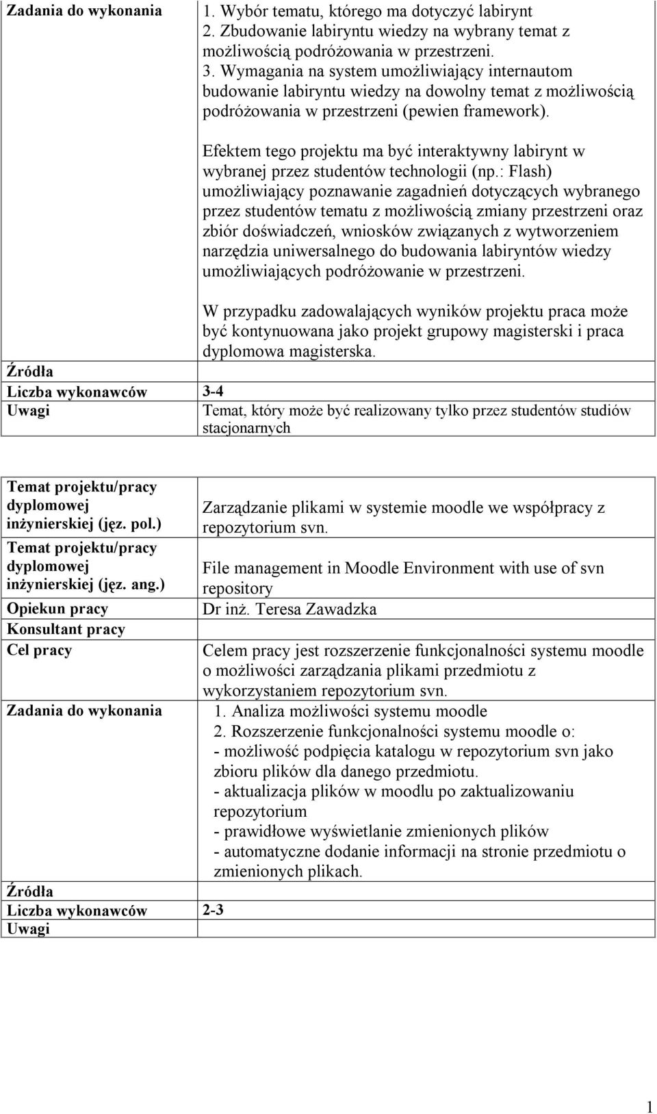 Źródła Liczba wykonawców 3-4 Efektem tego projektu ma być interaktywny labirynt w wybranej przez studentów technologii (np.