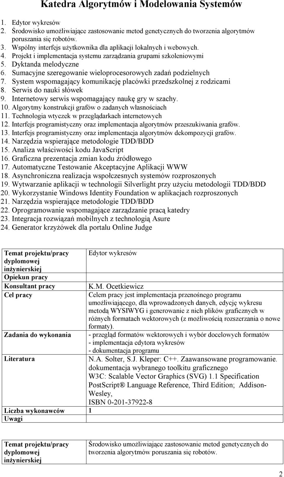 Sumacyjne szeregowanie wieloprocesorowych zadań podzielnych 7. System wspomagający komunikację placówki przedszkolnej z rodzicami 8. Serwis do nauki słówek 9.