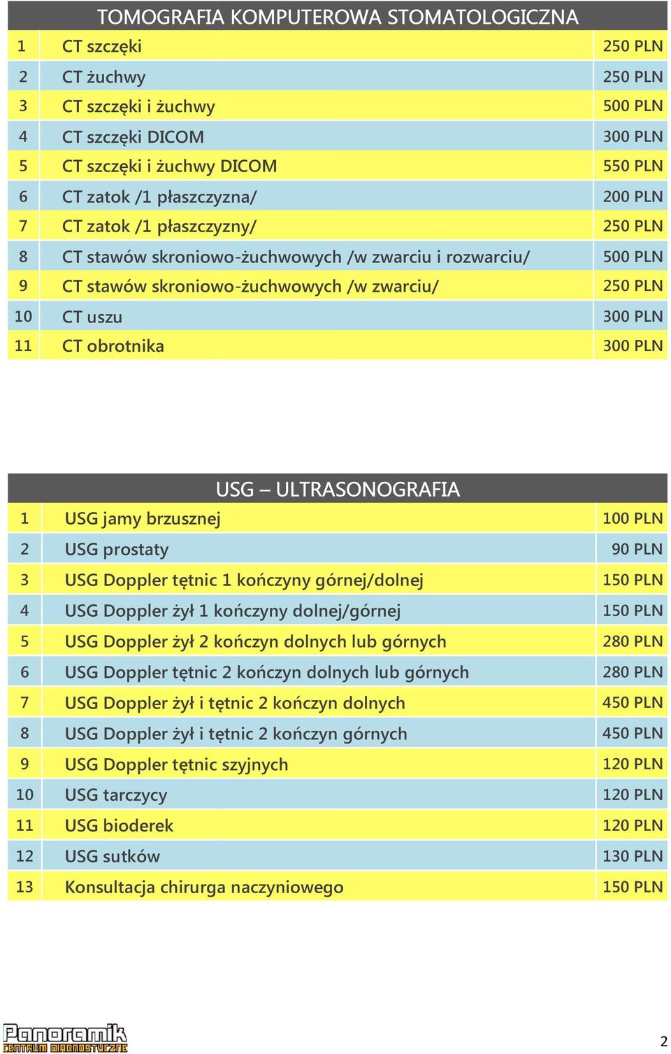 tętnic 1 kończyny górnej/dolnej 4 USG Doppler żył 1 kończyny dolnej/górnej 5 USG Doppler żył 2 kończyn dolnych lub górnych 6 USG Doppler tętnic 2 kończyn dolnych lub górnych 7 USG Doppler żył i