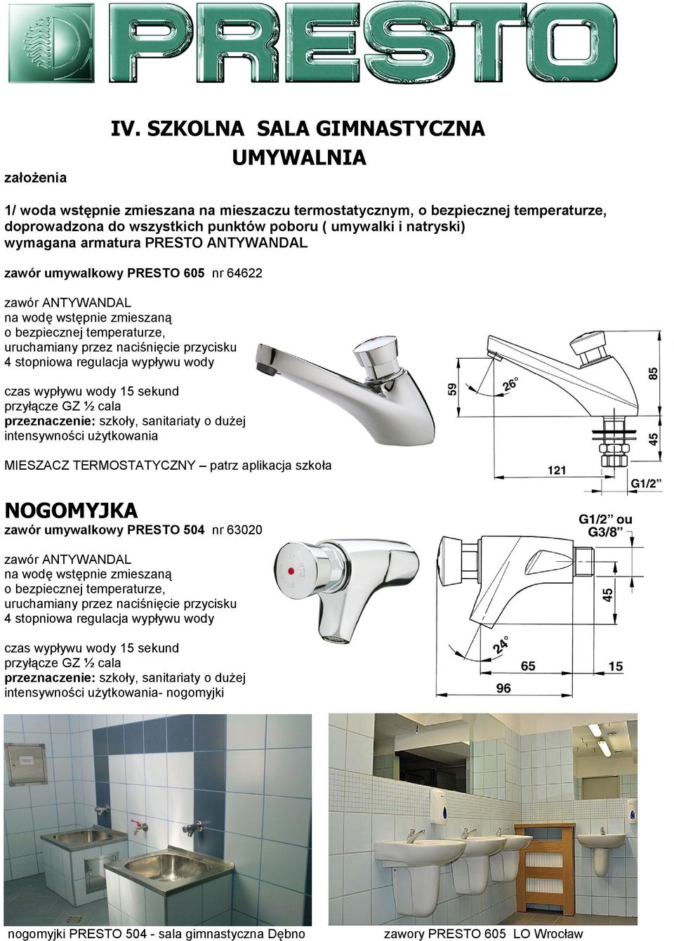 przycisku MIESZACZ TERMOSTATYCZNY patrz aplikacja szkoła NOGOMYJKA zawór umywalkowy PRESTO 504 nr 63020 zawór ANTYWANDAL na wodę wstępnie zmieszaną o