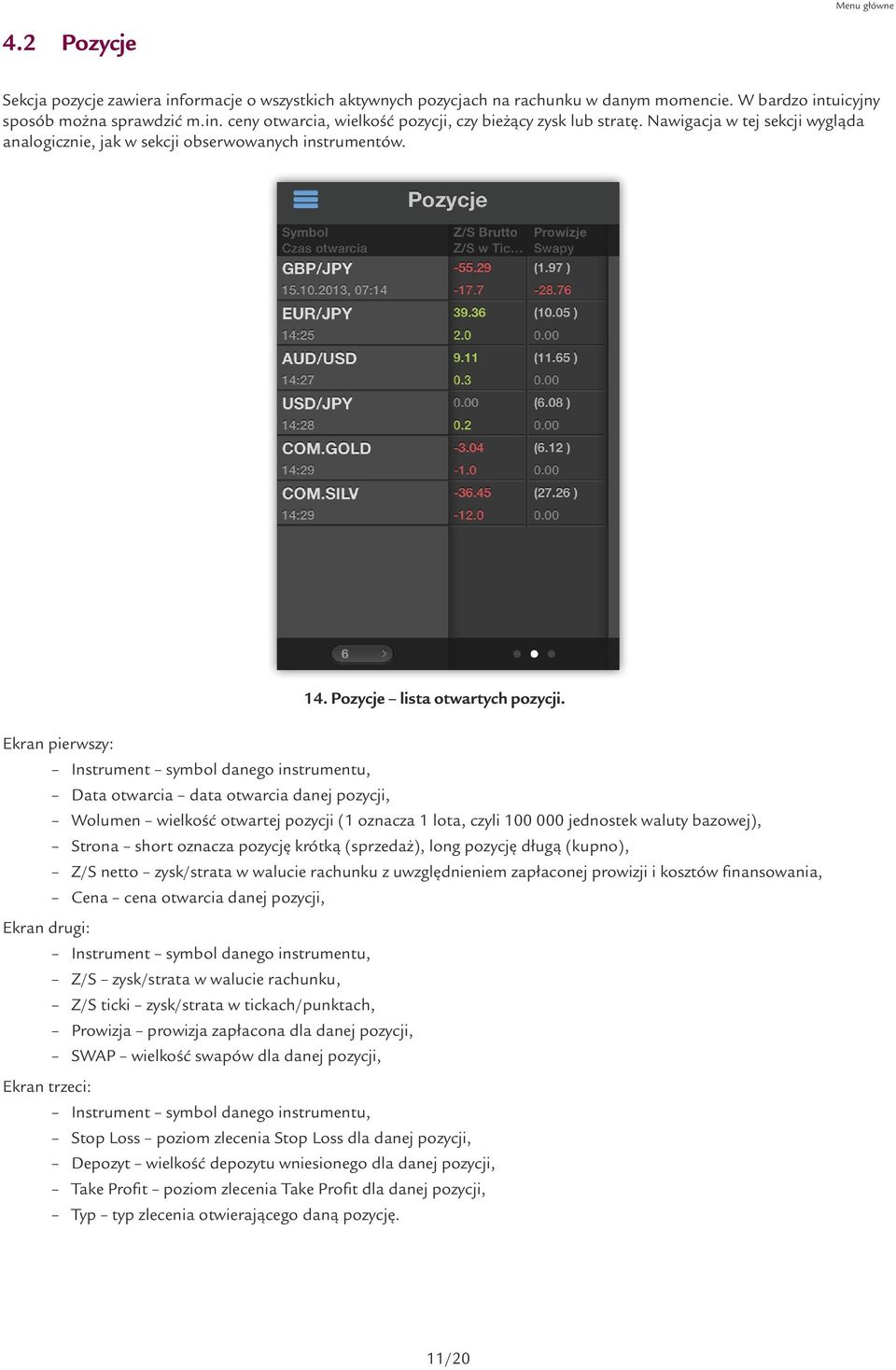 Ekran pierwszy: Instrument symbol danego instrumentu, Data otwarcia data otwarcia danej pozycji, Wolumen wielkość otwartej pozycji (1 oznacza 1 lota, czyli 100 000 jednostek waluty bazowej), Strona