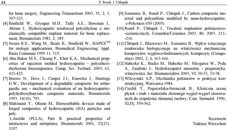 , HAPEX TM for otologic applications, Biomedical Engineering: Appl. Basis Commum 1999 11, 315. [6] Abu Bakar M.S., Cheang P., Khor K.A., Mechanical properties of injection molded hydroxyapatite - polyetheretherketone biocomposites, Comp.