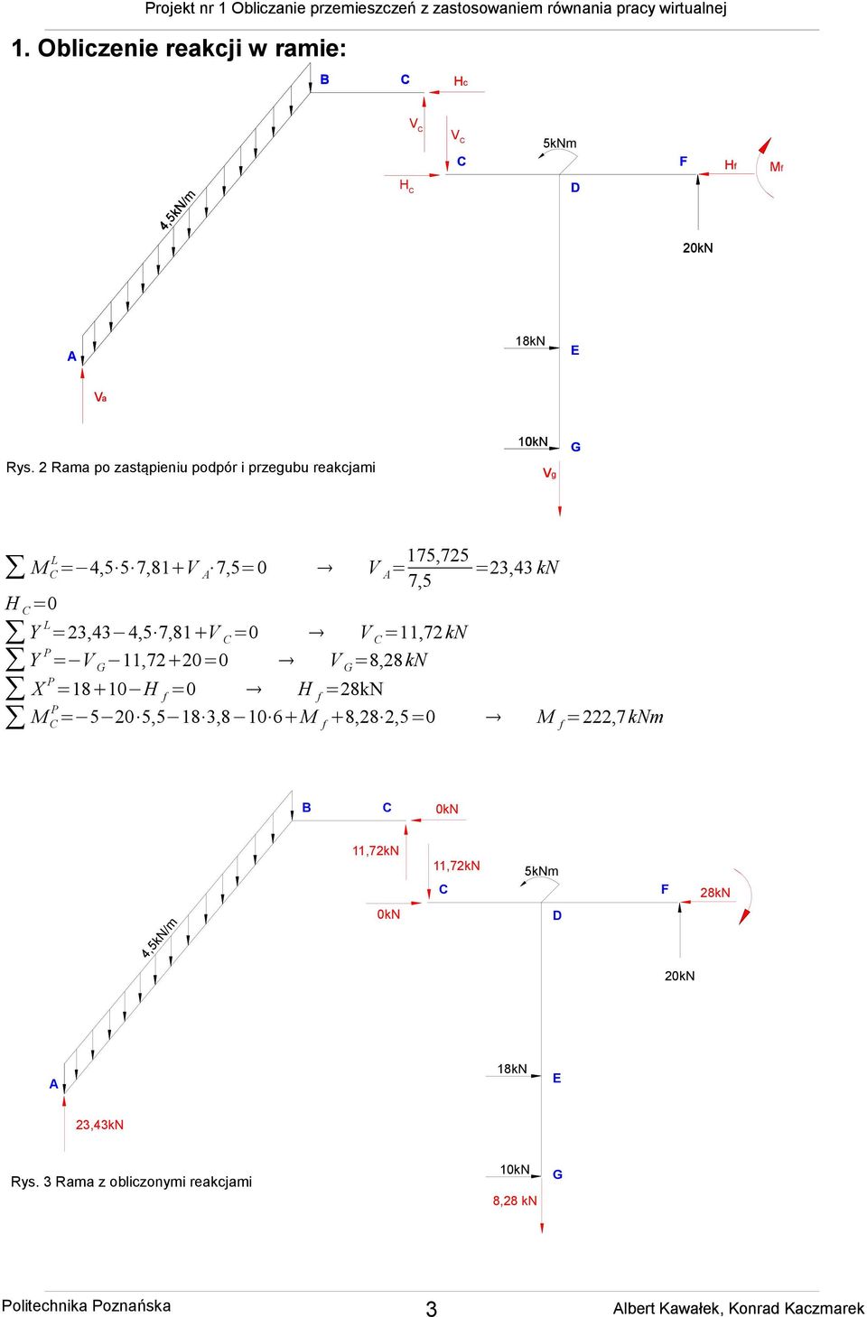 4,5 7,81+V C =0 V C =11,7 kn Y P = V G 11,7+0=0 V G =8,8kN X P =18+10 H f =0 H f =8kN M P C = 5 0 5,5 18,8 10 6+M f +8,8,5=0