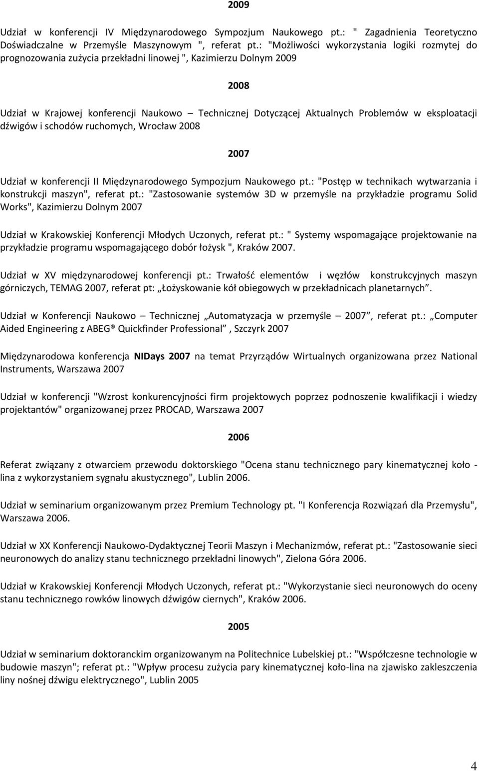 Problemów w eksploatacji dźwigów i schodów ruchomych, Wrocław 2008 2007 Udział w konferencji II Międzynarodowego Sympozjum Naukowego pt.