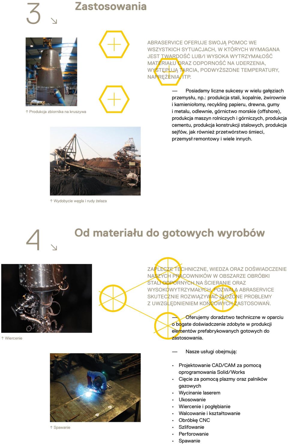 : produkcja stali, kopalnie, żwirownie i kamieniołomy, recykling papieru, drewna, gumy i metalu, odlewnie, górnictwo morskie (offshore), produkcja maszyn rolniczych i górniczych, produkcja cementu,