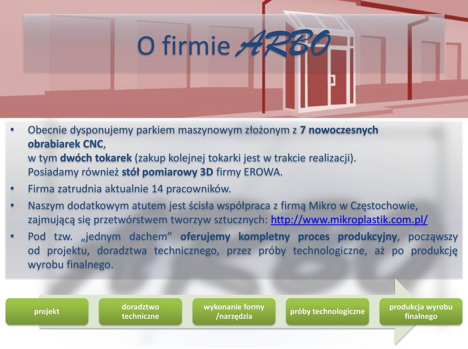 Naszym dodatkowym atutem jest ścisła współpraca z firmą Mikro w Częstochowie, zajmującą się przetwórstwem tworzyw sztucznych: http://www.mikroplastik.com.pl/ Pod tzw.