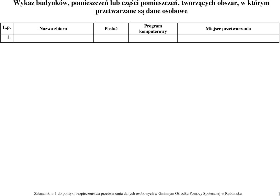 Program komputerowy Miejsce przetwarzania Załącznik nr 1 do polityki