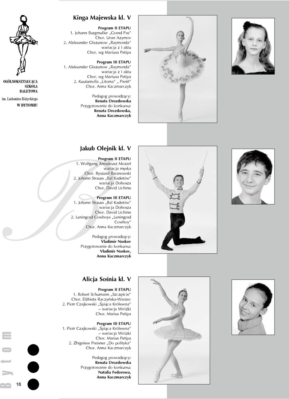 Anna Kaczmarczyk Renata Drozdowska Renata Drozdowska, Anna Kaczmarczyk Jakub Olejnik kl. V B Program II ETAPU 1. Wolfgang Amadeusz Mozart wariacja męska Chor. Ryszard Baranowski 2.