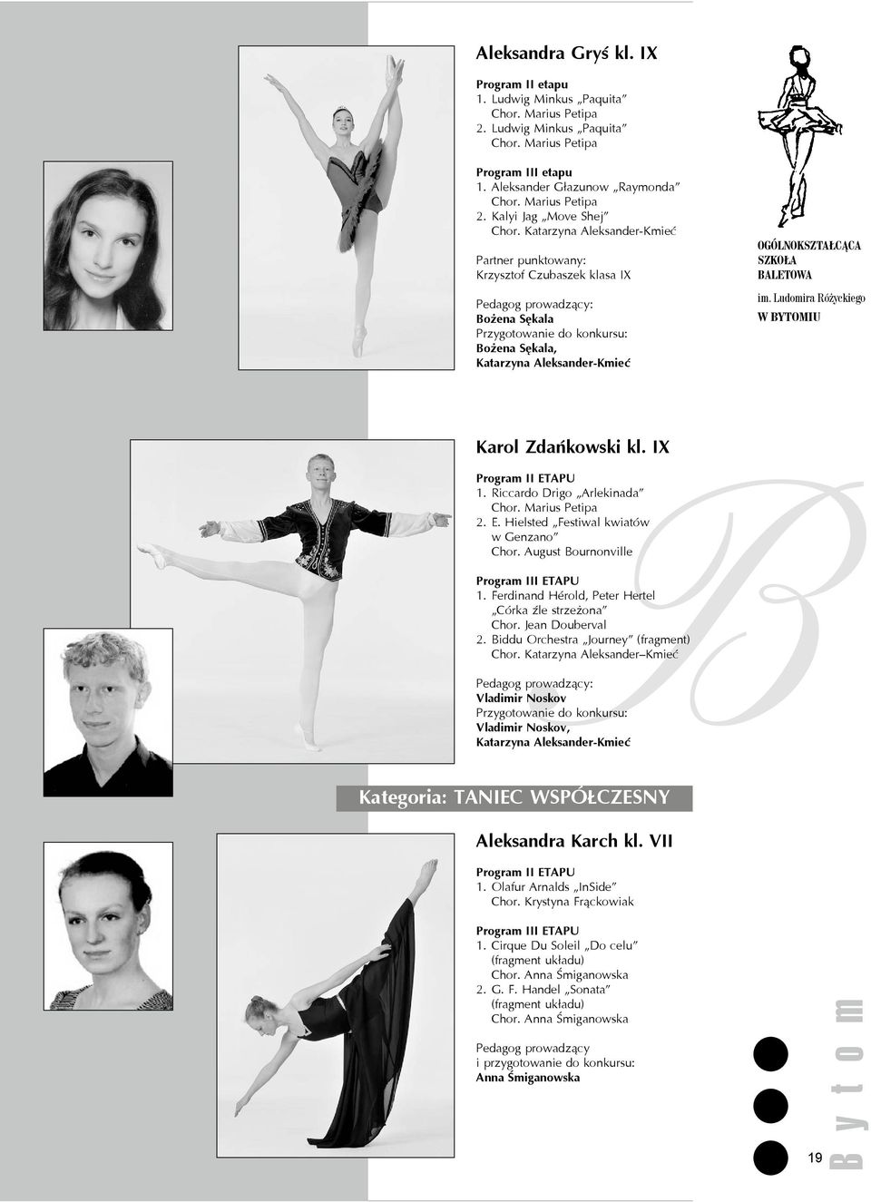 IX B Program II ETAPU 1. Riccardo Drigo Arlekinada 2. E. Hielsted Festiwal kwiatów w Genzano Chor. August Bournonville Program III ETAPU 1. Ferdinand Hérold, Peter Hertel Córka źle strzeżona Chor.
