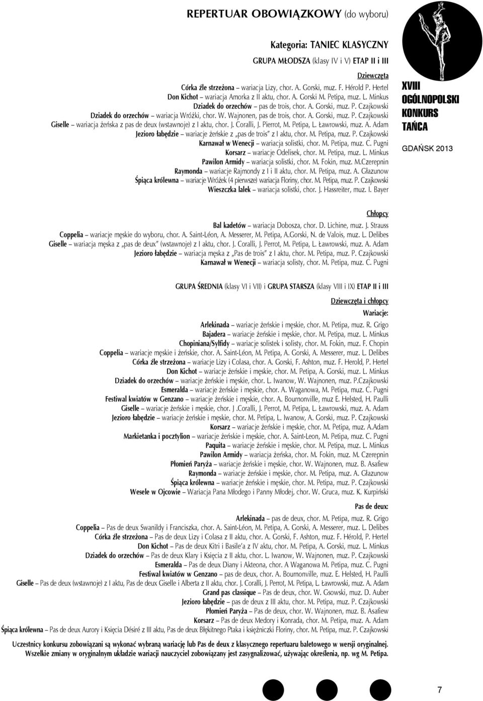 W. Wajnonen, pas de trois, chor. A. Gorski, muz. P. Czajkowski Giselle wariacja żeńska z pas de deux (wstawnoje) z I aktu, chor. J. Coralli, J. Pierrot, M. Petipa, L. Ławrowski, muz. A. Adam Jezioro łabędzie wariacje żeńskie z pas de trois z I aktu, chor.
