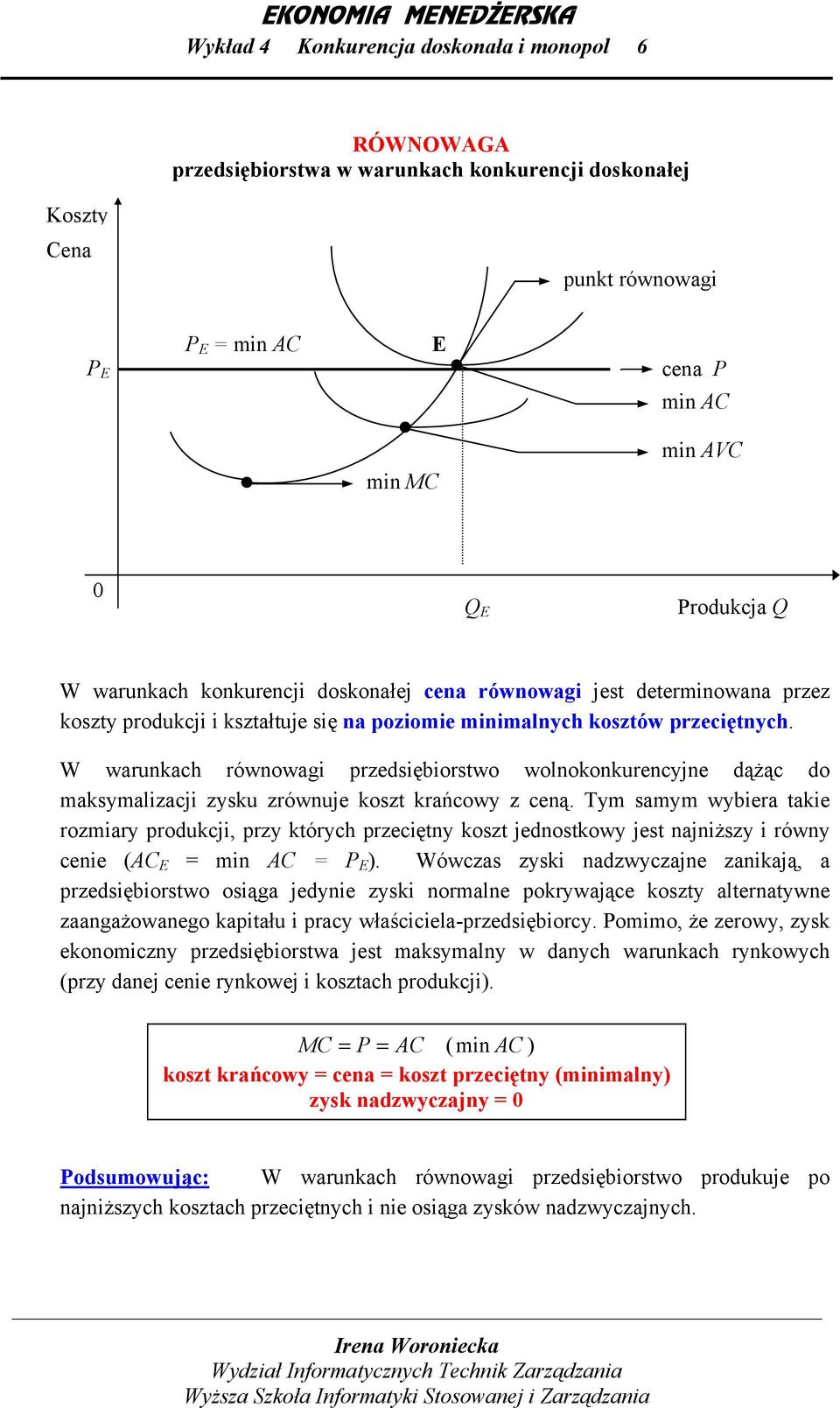 W warunkach równowagi przedsiębiorstwo wolnokonkurencyjne dążąc do maksymalizacji zysku zrównuje koszt krańcowy z ceną.