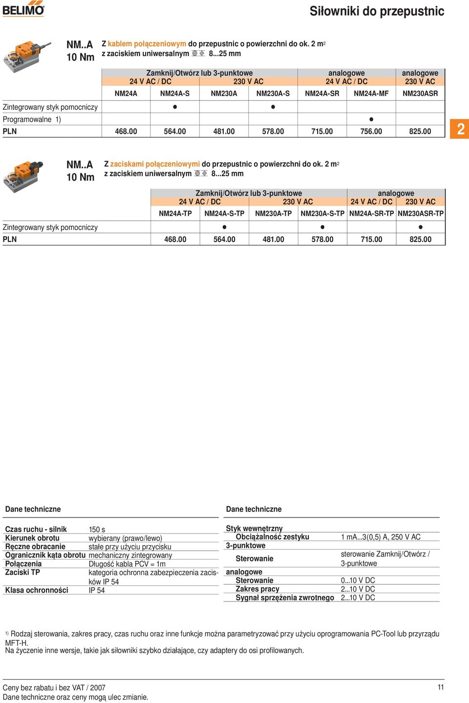 Programowalne 1) PLN 468.00 564.00 481.00 578.00 715.00 756.00 825.00 2 NM..A 10 Nm Z zaciskami połączeniowymi do przepustnic o powierzchni do ok. 2 m 2 z zaciskiem uniwersalnym 8.