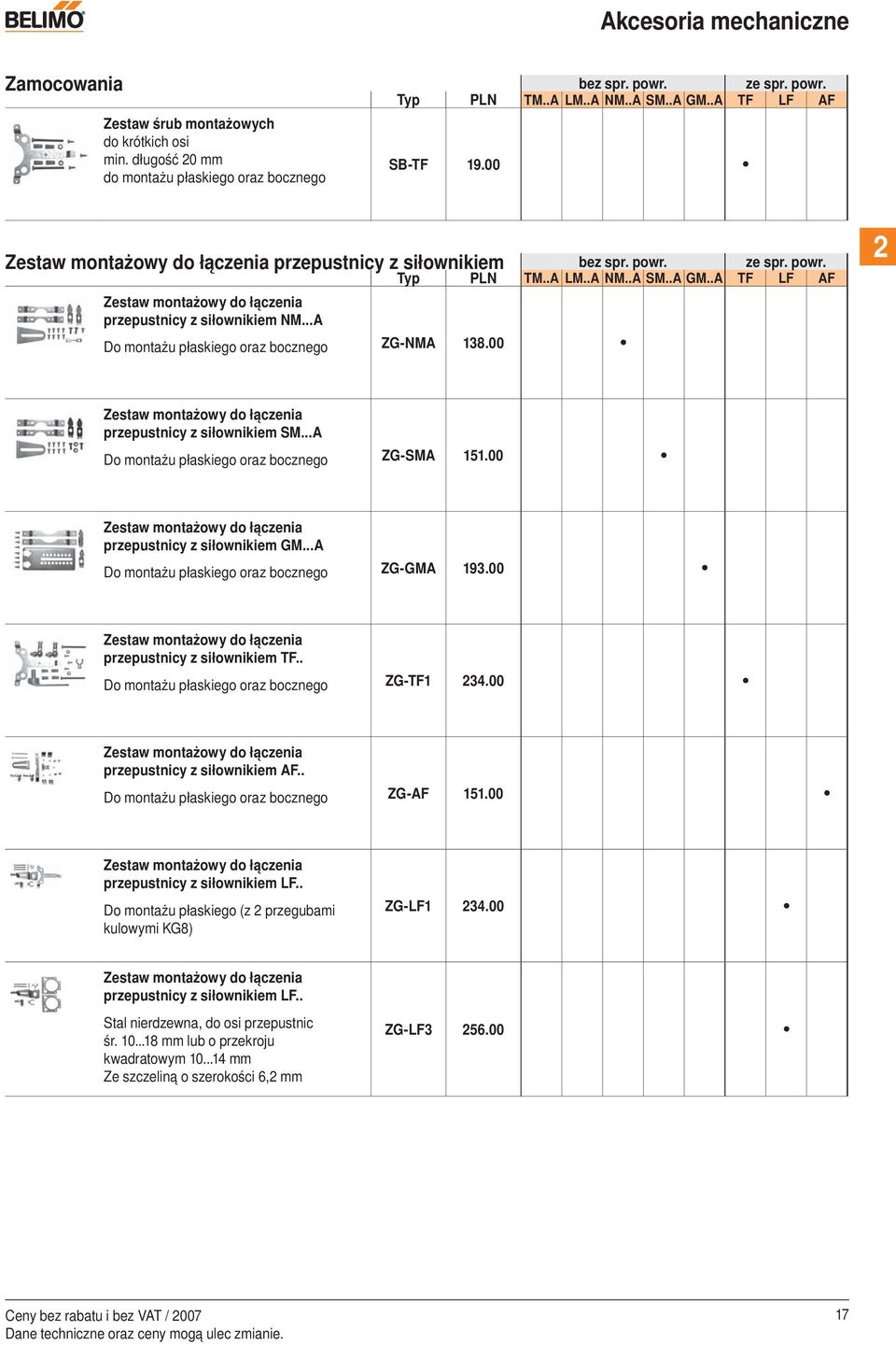 .A TF LF AF Zestaw montażowy do łączenia przepustnicy z siłownikiem NM...A Do montażu płaskiego oraz bocznego ZG-NMA 138.00 2 Zestaw montażowy do łączenia przepustnicy z siłownikiem SM.