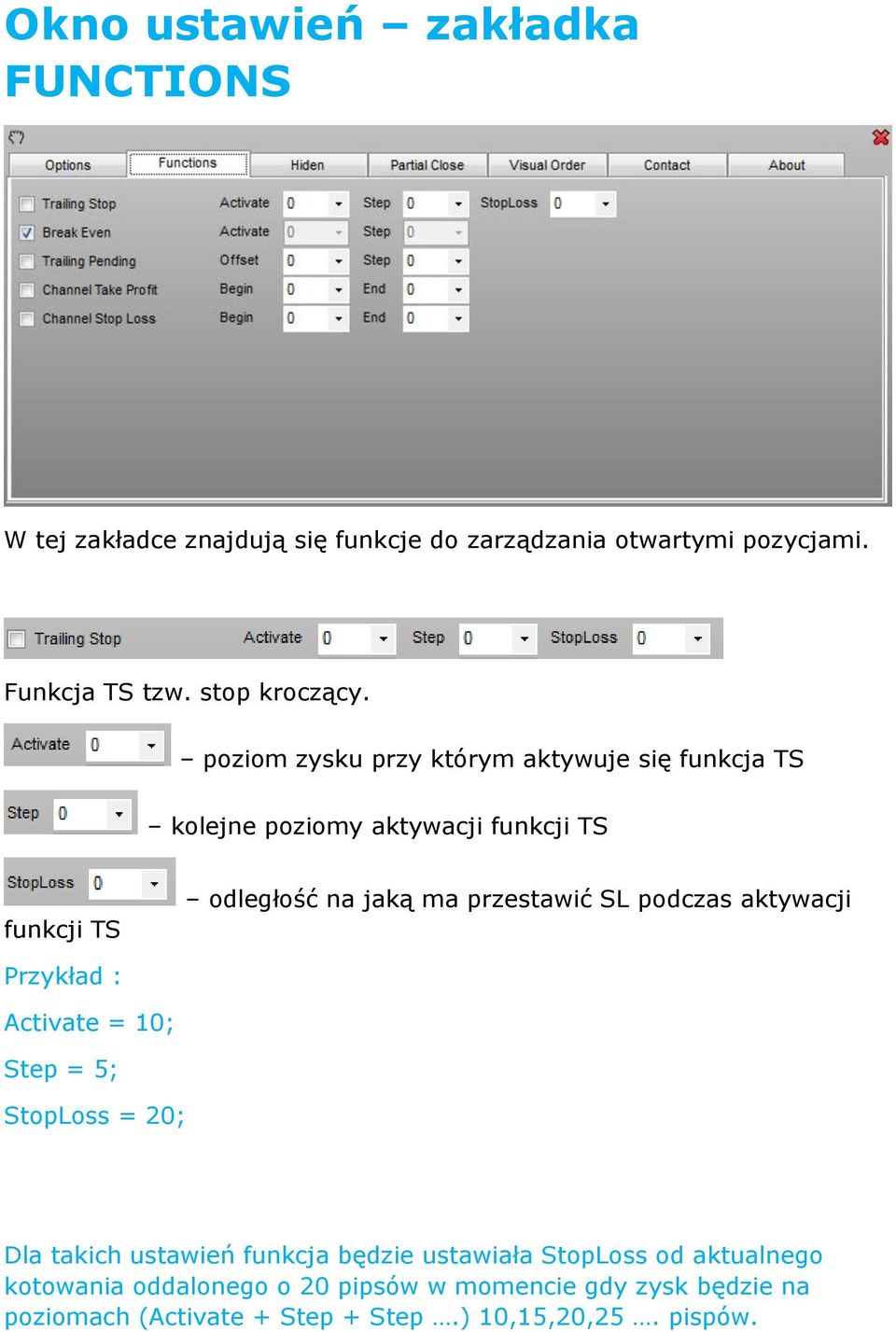 poziom zysku przy którym aktywuje się funkcja TS kolejne poziomy aktywacji funkcji TS funkcji TS odległość na jaką ma przestawić