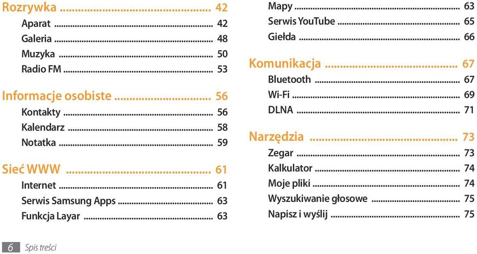 .. 63 Mapy... 63 Serwis YouTube... 65 Giełda... 66 Komunikacja... 67 Bluetooth... 67 Wi-Fi... 69 DLNA.
