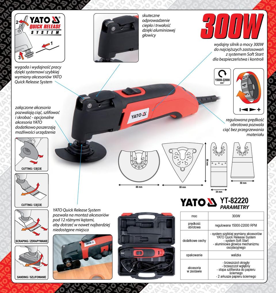 urządzenia regulowana prędkość obrotowa pozwala ciąć bez przegrzewania materiału YATO Quick Release System pozwala na montaż akcesoriów pod 12 różnymi kątami, aby dotrzeć w nawet najbardziej