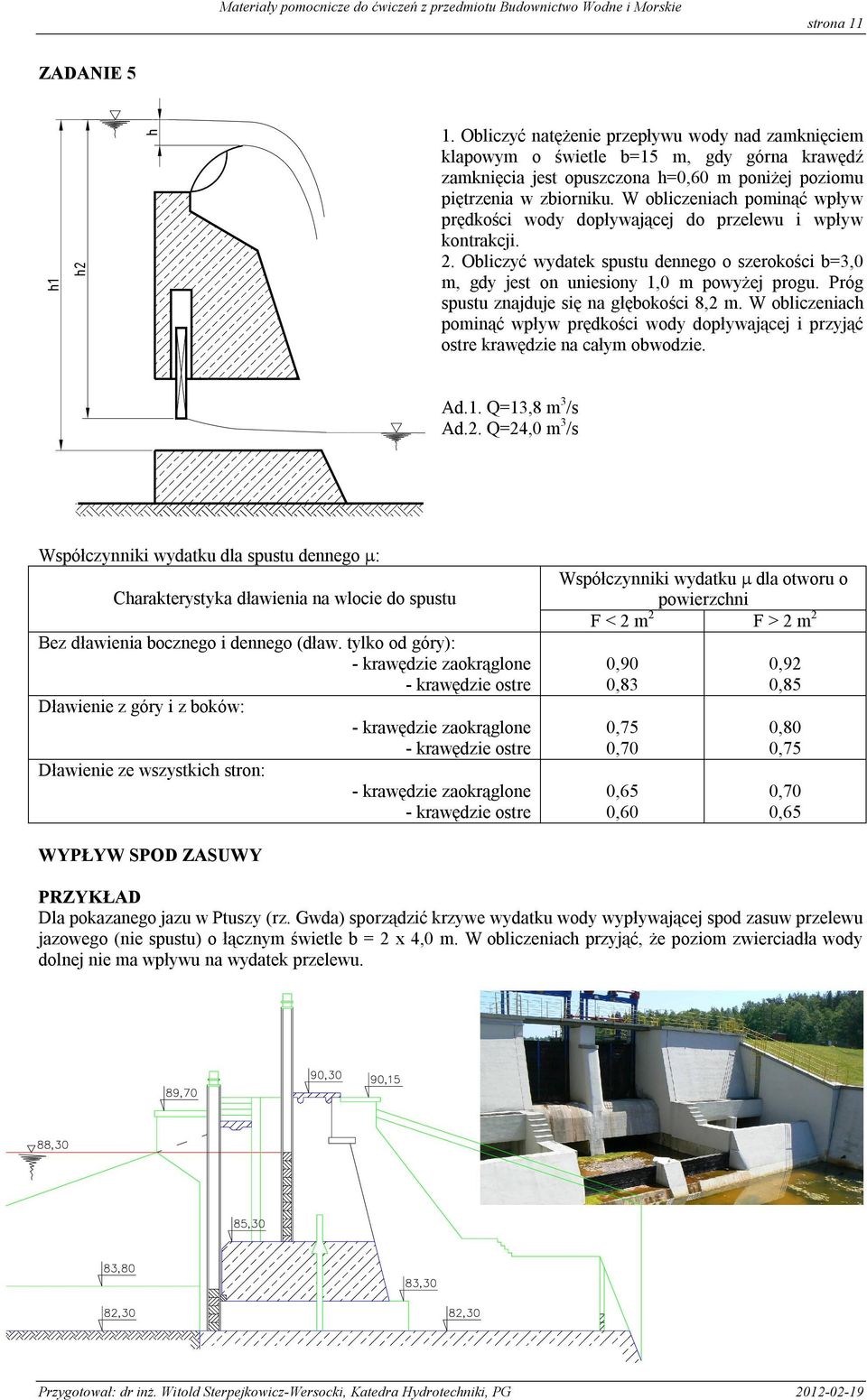 Próg spustu znajduje się na głębokości 8, m. W obliczeniac pominąć wpływ prędkości wody dopływającej i przyjąć ostre krawędzie na całym obwodzie. Ad.. Q=3,8 m 3 /s Ad.