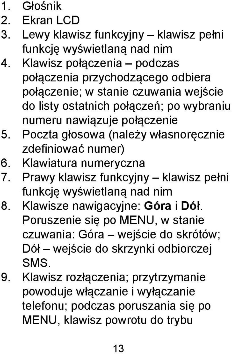 Poczta głosowa (należy własnoręcznie zdefiniować numer) 6. Klawiatura numeryczna 7. Prawy klawisz funkcyjny klawisz pełni funkcję wyświetlaną nad nim 8.