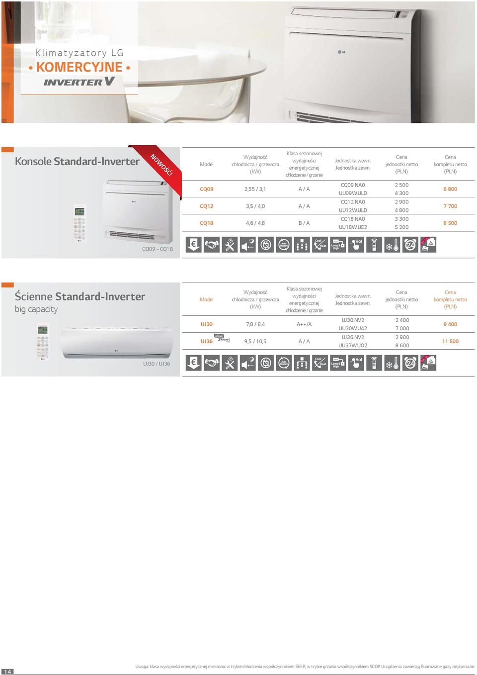 UE2 5 200 6 800 7 700 8 500 CQ09 ~ CQ18 Ścienne Standard-Inverter big capacity UJ30 7,8 / 8,4 A++/A UJ36 9,5 / 10,5 A / A UJ30.