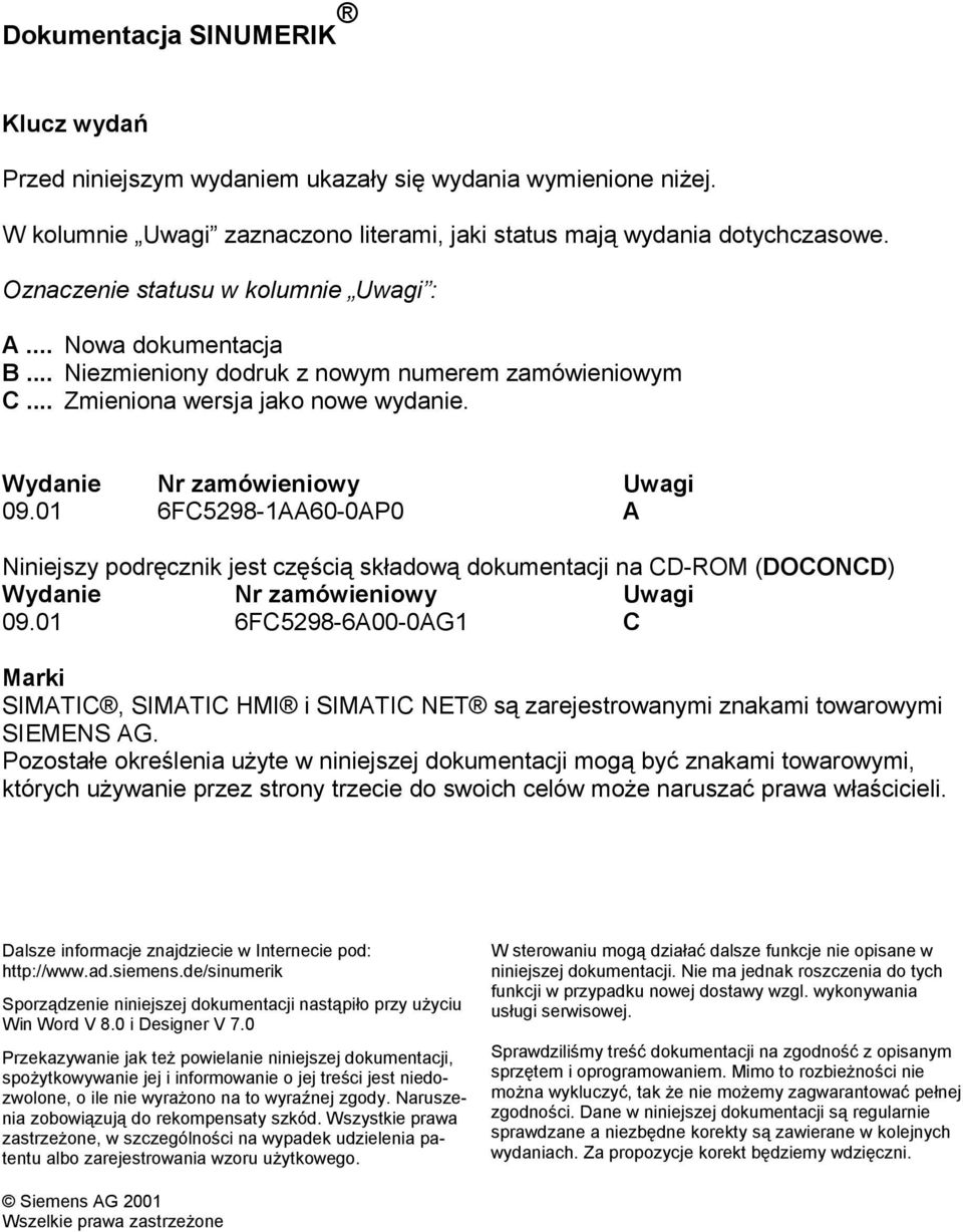 01 6FC5298-1AA60-0AP0 A Niniejszy podręcznik jest częścią składową dokumentacji na CD-ROM (DOCONCD) Wydanie Nr zamówieniowy Uwagi 09.