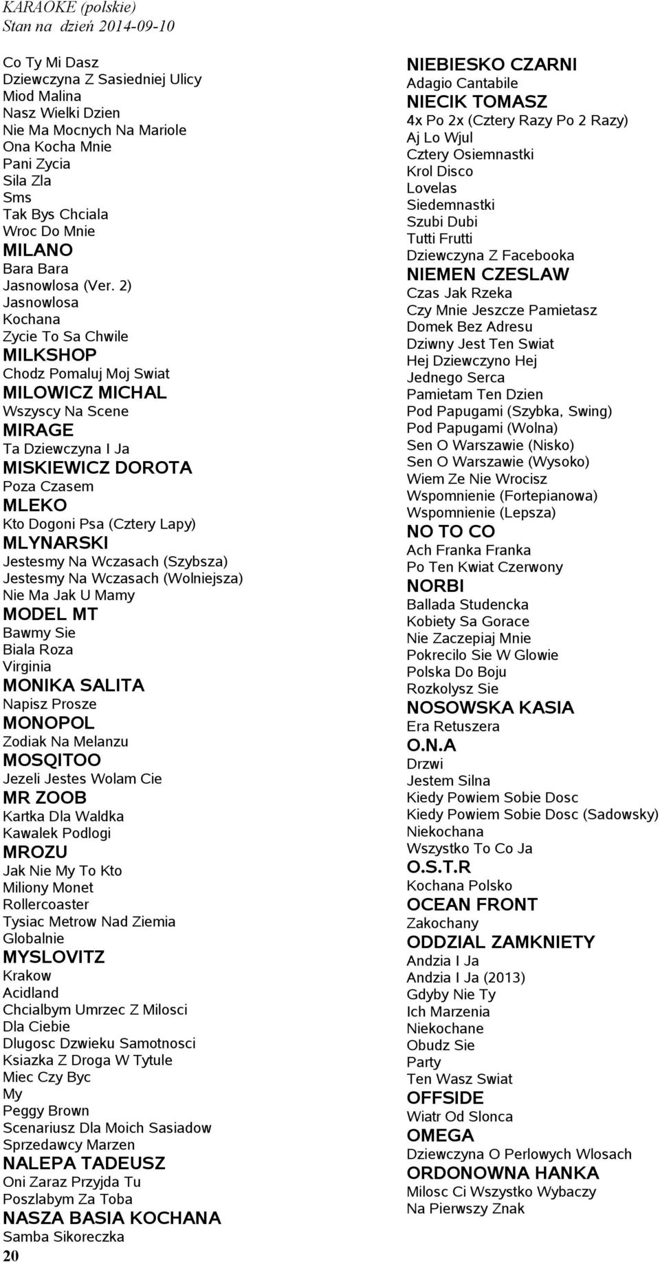 2) Jasnowlosa Kochana Zycie To Sa Chwile MILKSHOP Chodz Pomaluj Moj Swiat MILOWICZ MICHAL Wszyscy Na Scene MIRAGE Ta Dziewczyna I Ja MISKIEWICZ DOROTA Poza Czasem MLEKO Kto Dogoni Psa (Cztery Lapy)