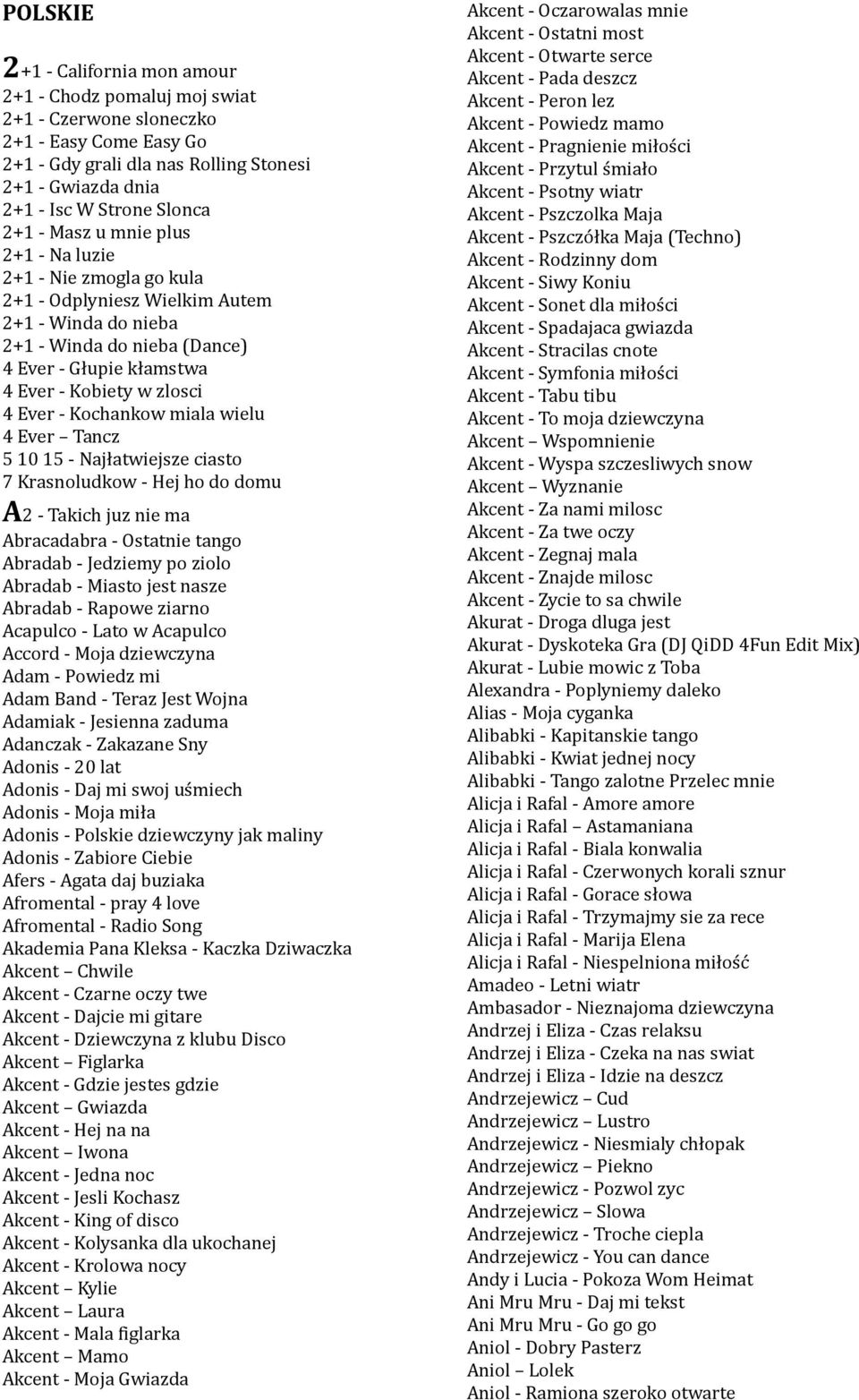 Ever - Kochankow miala wielu 4 Ever Tancz 5 10 15 - Najłatwiejsze ciasto 7 Krasnoludkow - Hej ho do domu A2 - Takich juz nie ma Abracadabra - Ostatnie tango Abradab - Jedziemy po ziolo Abradab -