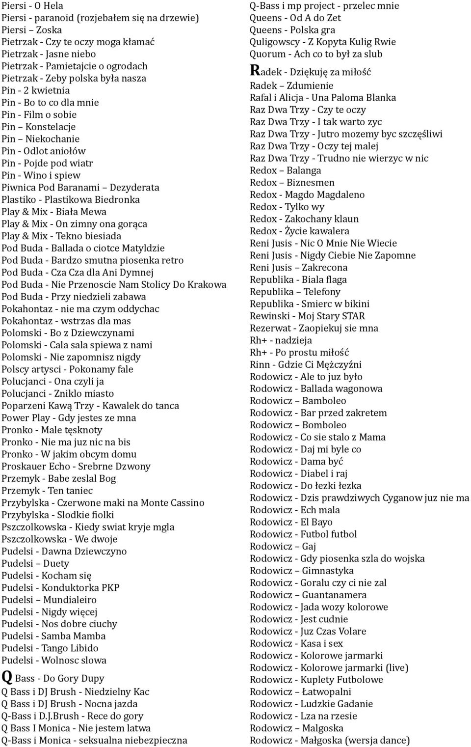- Plastikowa Biedronka Play & Mix - Biała Mewa Play & Mix - On zimny ona gorąca Play & Mix - Tekno biesiada Pod Buda - Ballada o ciotce Matyldzie Pod Buda - Bardzo smutna piosenka retro Pod Buda -