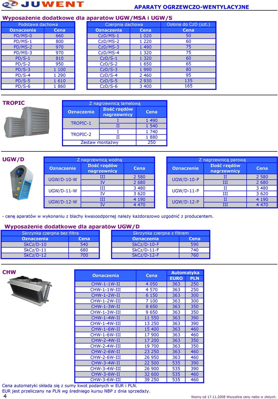 990 80 PD/S-4 1 290 CzD/S-4 2 460 95 PD/S-5 1 610 CzD/S-5 2 930 135 PD/S-6 1 860 CzD/S-6 3 165 TROPIC Z nagrzewnicą lamelową I TROPIC-1 I TROPIC-2 Zestaw montaŝwy 1 490 1 540 1 740 1 880 250 UGW/D Z