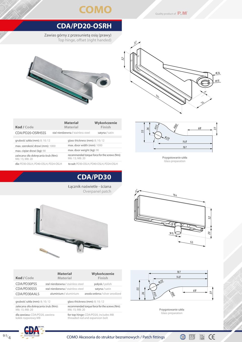 door weight (kg): 90 to suit: PD-OSLH, PD40-OSLH, PD24-OSLH 6 CDA/PD Łącznik naświetle - ściana Overpanel patch 64 20 5 63 CDA/PDPSS CDA/PDSSS