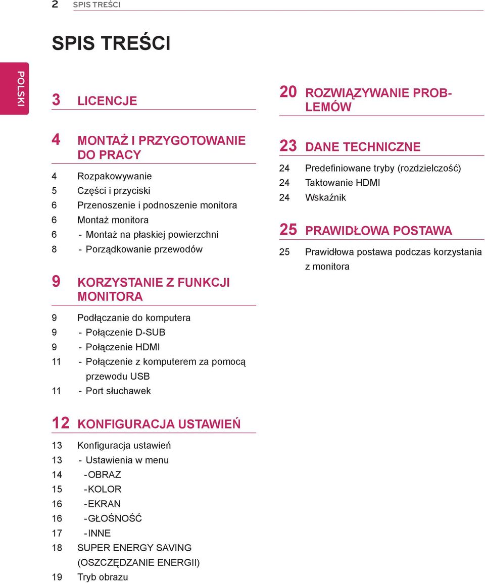 pomocą przewodu USB 11 - Port słuchawek 23 DANE TECHNICZNE 24 Predefiniowane tryby (rozdzielczość) 24 Taktowanie HDMI 24 Wskaźnik 25 PRAWIDŁOWA POSTAWA 25 Prawidłowa postawa podczas korzystania z