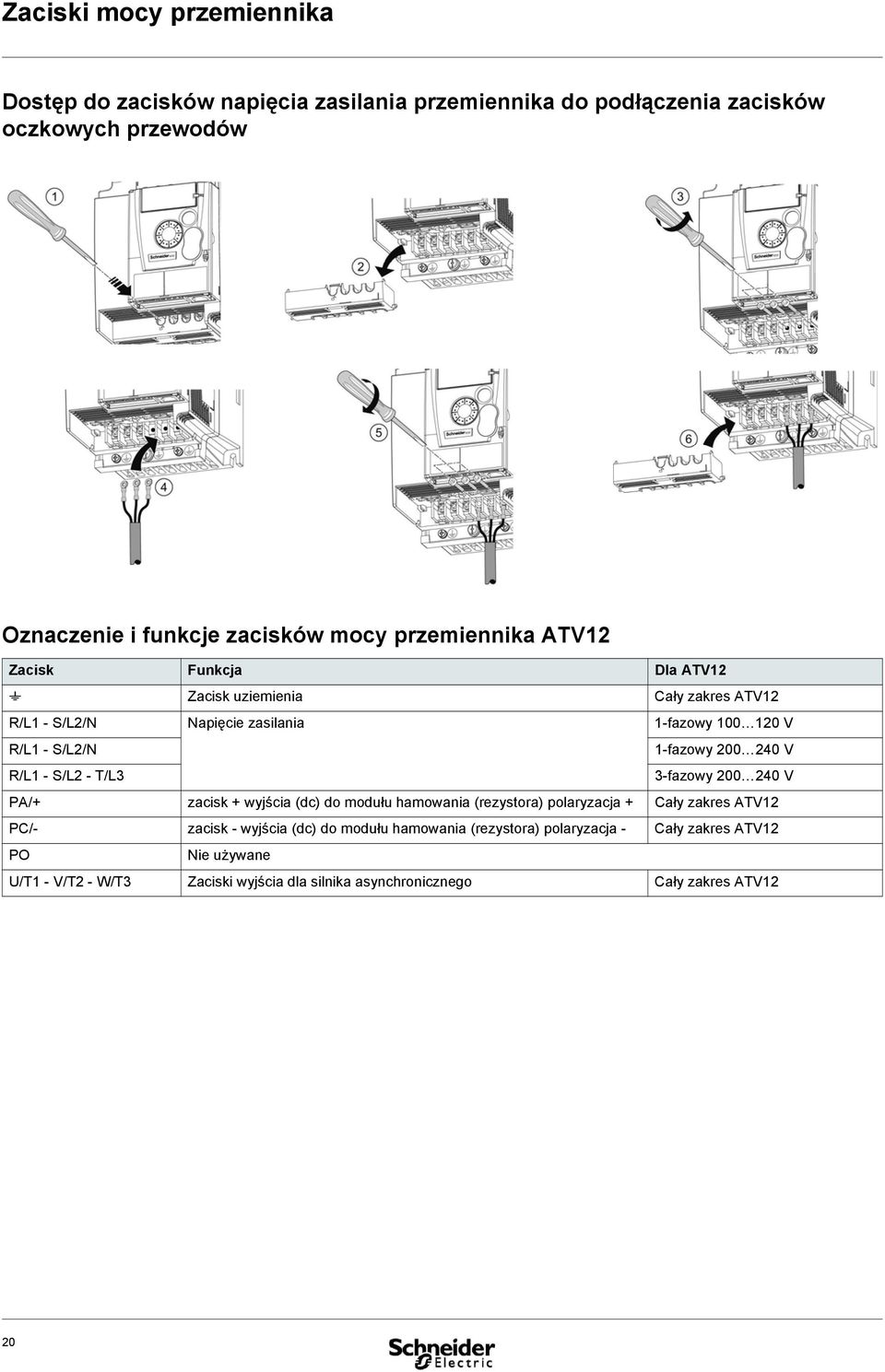 240 V R/L1 - S/L2 - T/L3 3-fazowy 200 240 V PA/+ zacisk + wyjścia (dc) do modułu hamowania (rezystora) polaryzacja + Cały zakres ATV12 PC/- zacisk - wyjścia